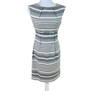 Calvin Klein Size 4 Belted Sheath Dress Gray Stripe Empire Waist Cap Sleeves